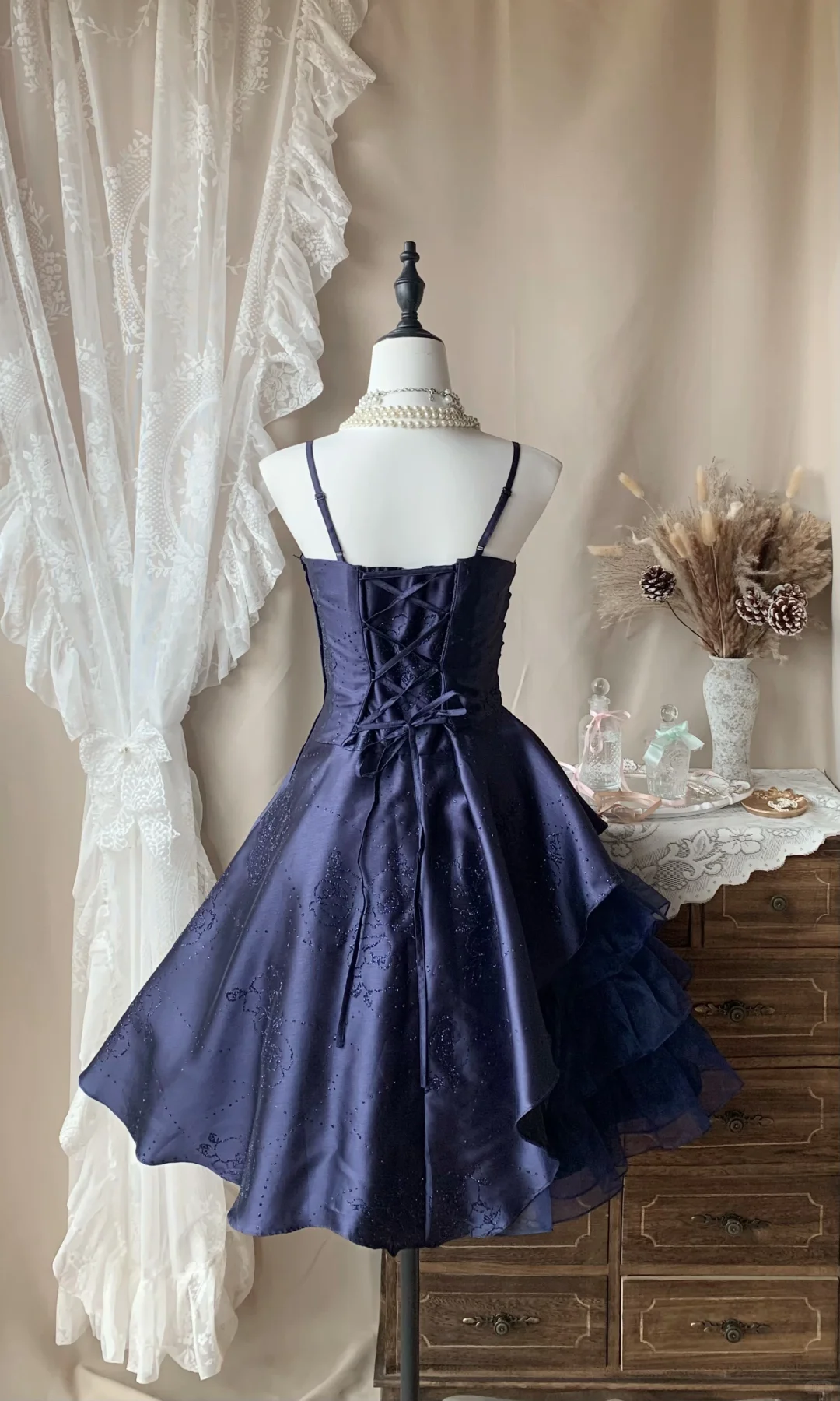 Retro Spaghetti Straps Satin Tulle Beaded Short Birthday Dress,Navy Blue Mini 7th Grade Homecoming Dress D3188