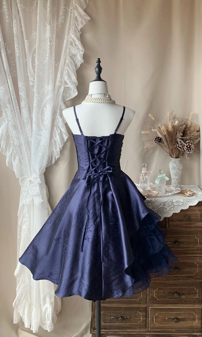Retro Spaghetti Straps Satin Tulle Beaded Short Birthday Dress,Navy Blue Mini 7th Grade Homecoming Dress D3188