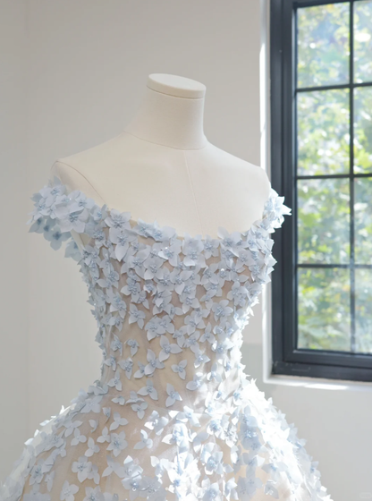 Fairy Strapless Blue Tulle 3D Flowers Beaded Ball Gown Pretty Long Wedding Dress D2158