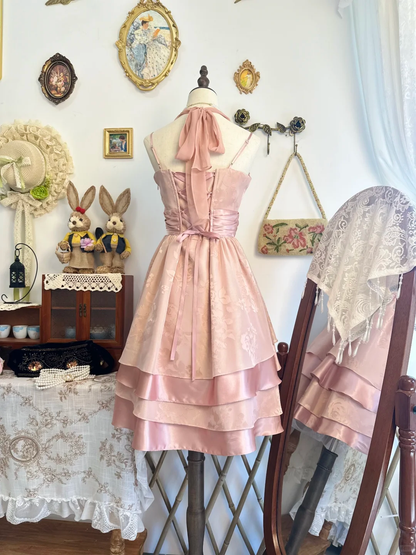 Classy Pink Halter Satin Print Floral Layered A Line Short Graduation Homecoming Dress Birthday Outfits D312