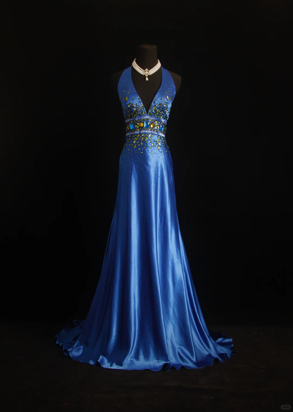 Gorgeous Halter V Neck Satin Beaded Long Prom Dress,Blue Mermaid Party Gown D2850