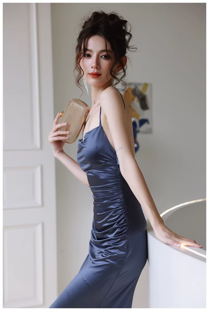 Classy Spaghetti Strap Blue Satin Mermaid Backless Evening Dress Long Wedding Guest Dress D2405