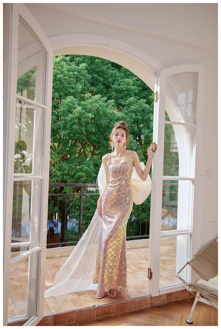 Glitter Spaghetti Straps Sequin Mermaid Long Party Dress Evening Gown With Bow D2448