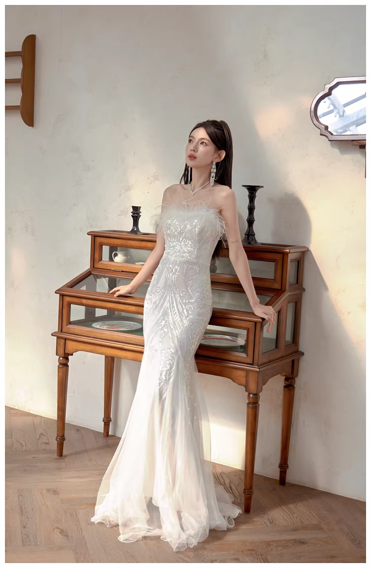 Classy Feathers Strapless White Tulle Sequin Mermaid Long Evening Dress Prom Dresses D2398