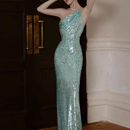 Charming One Shoulder Sequin Green Mermaid Prom Dress Backless Long Evening Dress D877