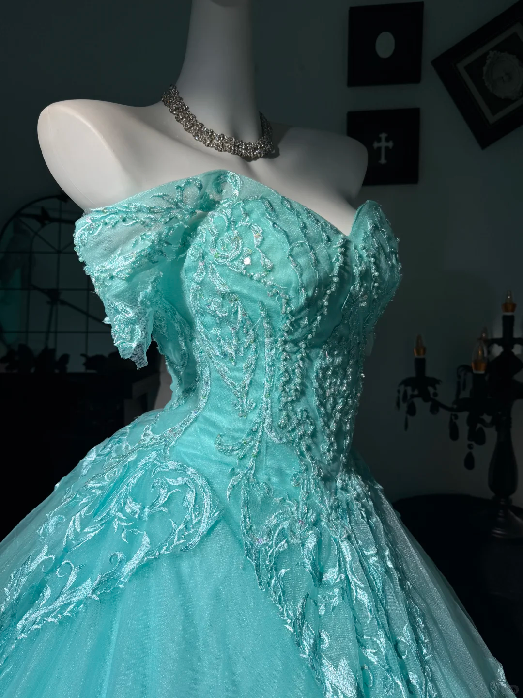 Classy Tiffany Blue Off The Shoulder Tulle Appliques Beaded Quinceanera Dress Sweet 17 Dress D3706