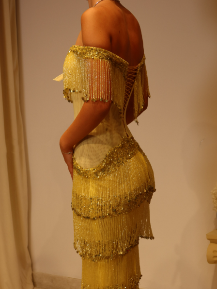 Gorgeous Off The Shoulder Satin Beaded Tassel Long Party Dress Yellow Long Birthday Evening Gowns D5242