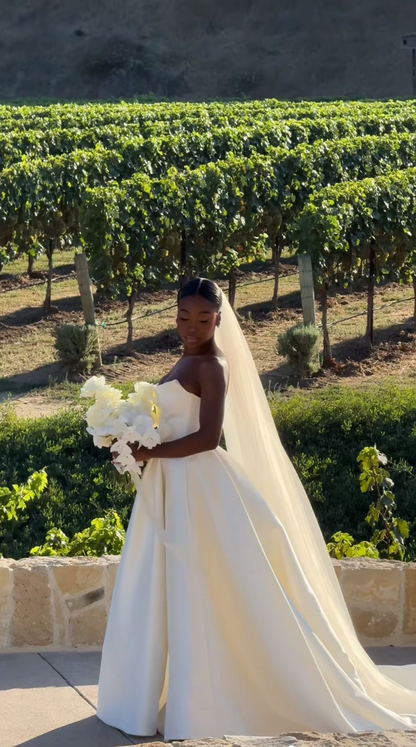 Classy Strapless White Satin Slit Long Wedding Dress D1608