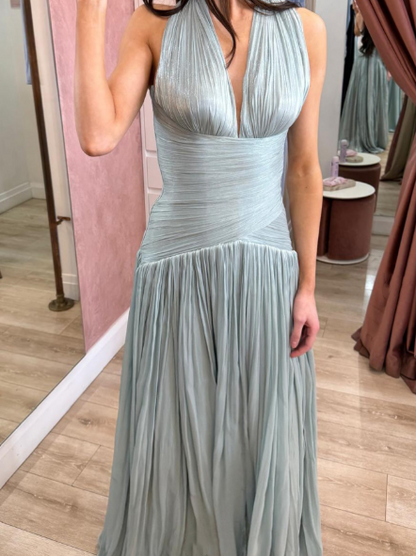 Elegant Blue Halter V Neck Chiffon Pleated Mermaid Evening Dress Long Wedding Guest Dress D1361