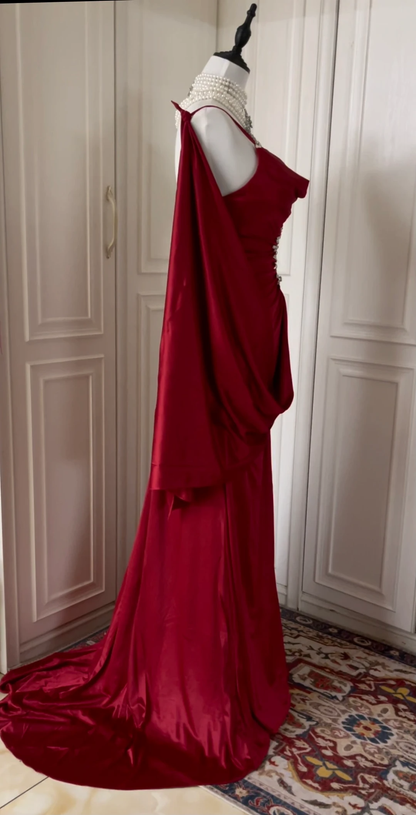 Charming Burgundy Satin Beaded Mermaid Evening Dress,Spaghetti Straps Long Wedding Guest Dress D3110