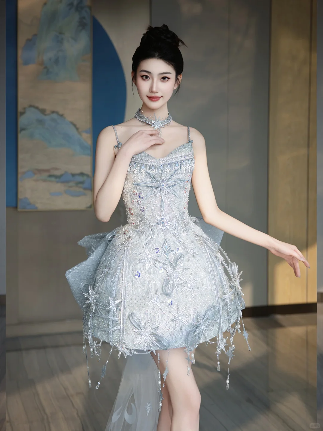 Glitter Spaghetti Straps Blue Tulle Sequin Beaded A Line Short Graduation Homecoming Dress With Bow D3063