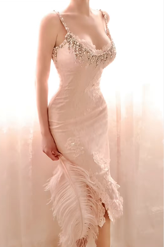 Classy Spaghetti Straps Satin Lace Beaded Sheath Slit Party Dress Evening Gown D2726
