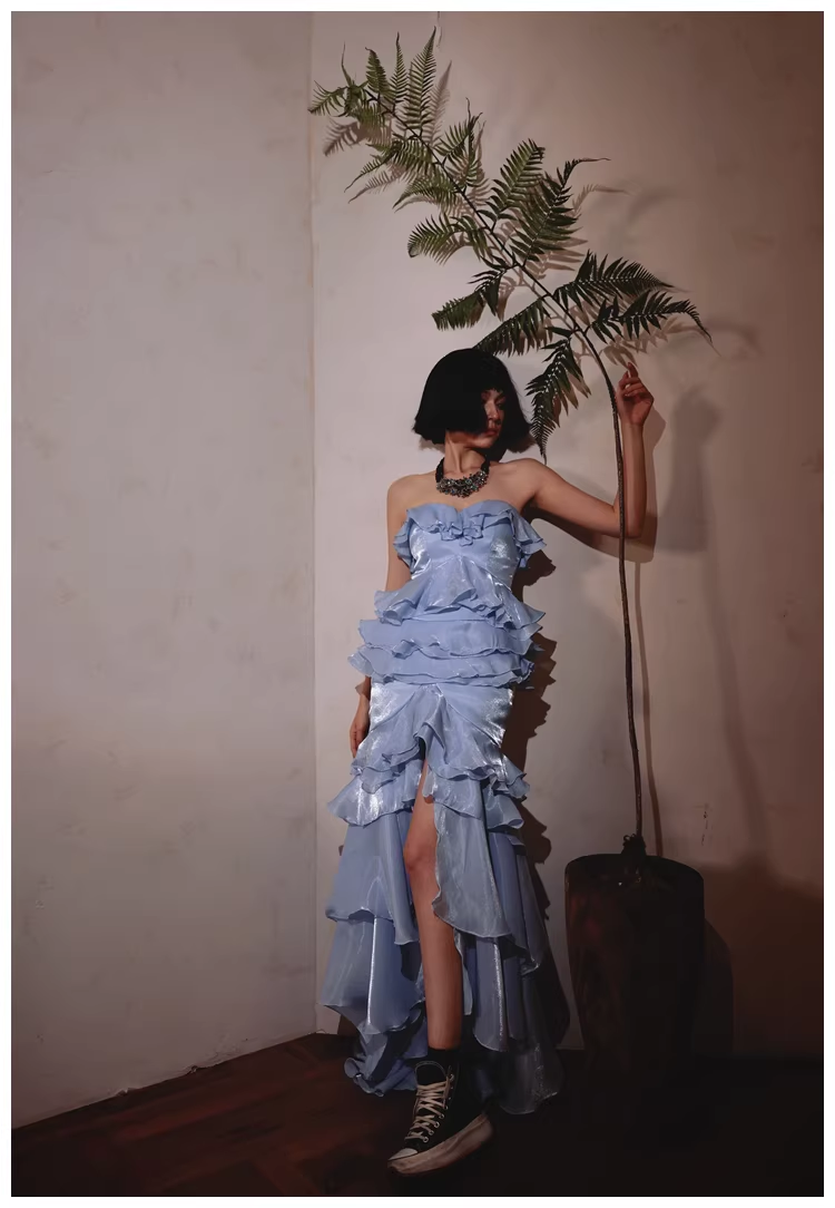 Glamorous Strapless Blue Satin Ruffles Layered mermaid Slit Evening Dress Long Party Dress D2431