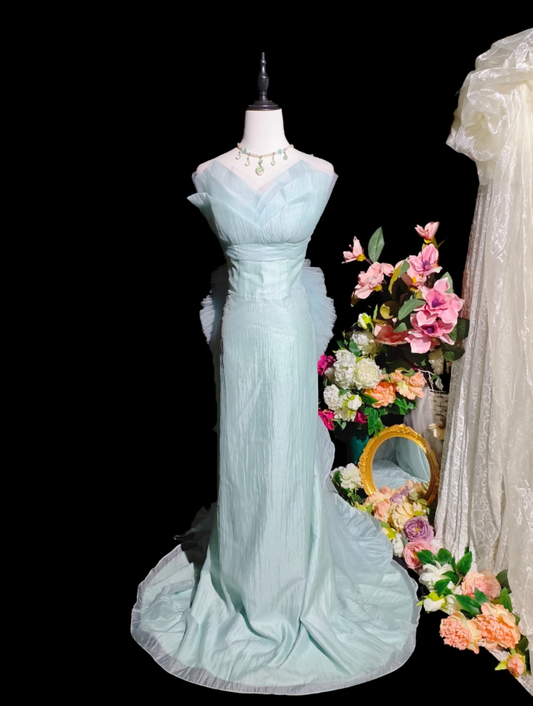 Charming Strapless Blue Tulle Mermaid Long Party Dress Birthday Prom Gown D2359