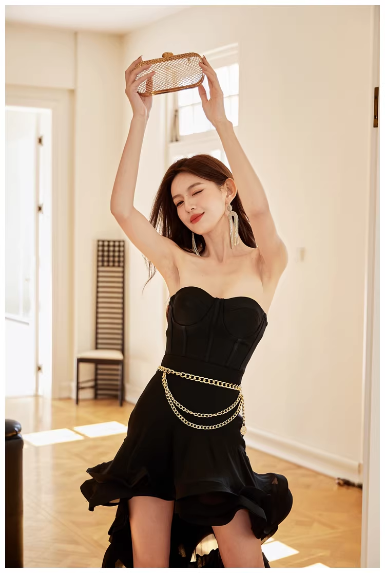 Sexy Strapless Black Ruffle Irregular Swallowtail Hem Birthday Dress Long Evening Gown D2415