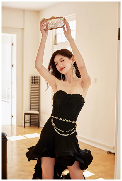 Sexy Strapless Black Ruffle Irregular Swallowtail Hem Birthday Dress Long Evening Gown D2415