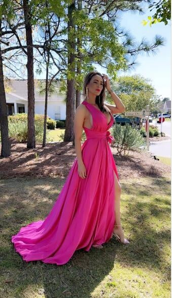 Sexy V Neck Hot Pink Satin Slit Long Party Dress Prom Gown D4101
