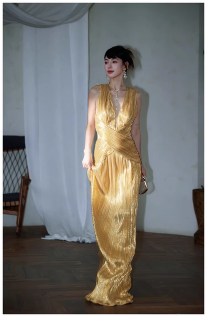 Gorgeous V Neck Gold Satin Pleated Long Evening Dress 19th Birthday Outfits D2438