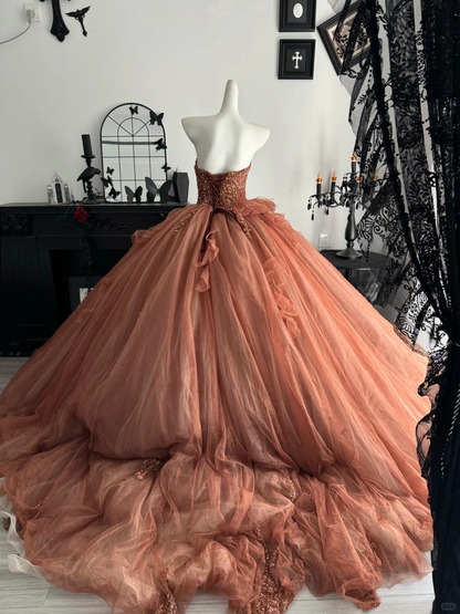 Retro Caramel Strapless Tulle Beaded Long Birthday Quinceanera Dress Sweet 16 Dress D4713