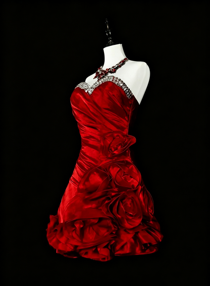 Sexy Red Satin Beaded Short Graduation Homecoming Dress,Sweetheart Neck Mini Birthday Prom Dress D4060
