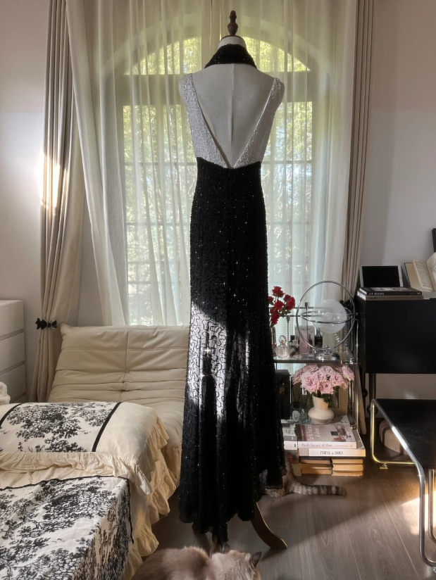 Elegant V Neck Black Chiffon Beaded Mermaid Evening Dress Long Birthday Party Gown With Scarf D2300