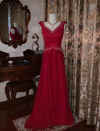 Glitter V Neck Sleeveless Satin Tulle Beaded Mermaid Long Evening Dress Party Gown D1749