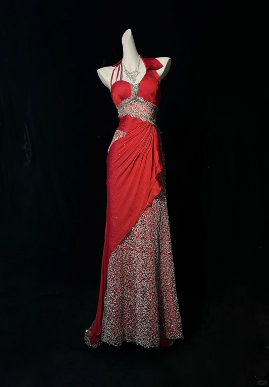 Gorgeous Halter Chiffon Lace Beaded Mermaid Prom Dress,Red Long Party Dress D2837