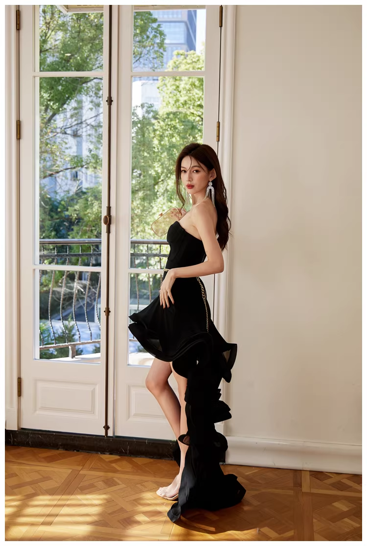 Sexy Strapless Black Ruffle Irregular Swallowtail Hem Birthday Dress Long Evening Gown D2415