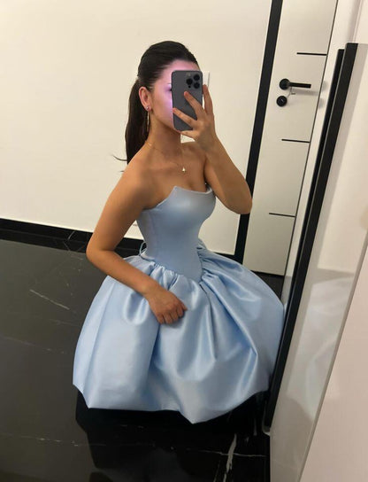 Elegant Blue Strapless Satin A Line Short Homecoming Dress Cocktail Dress D3678