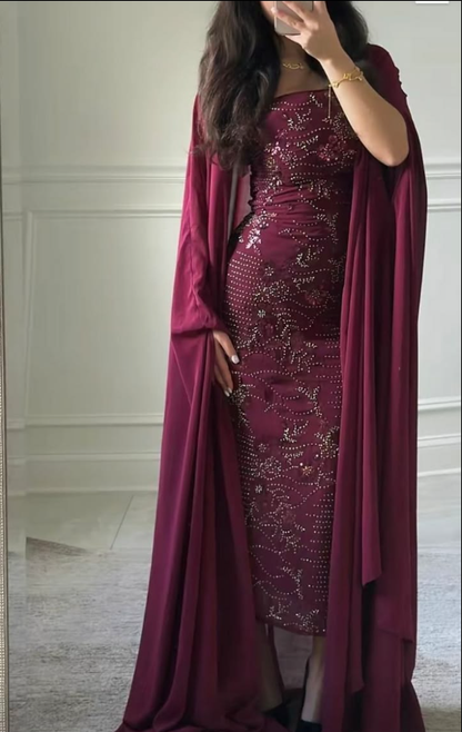 Pretty Burgundy Chiffon Beaded Sheath Long Party Dress Evening Dress D4932