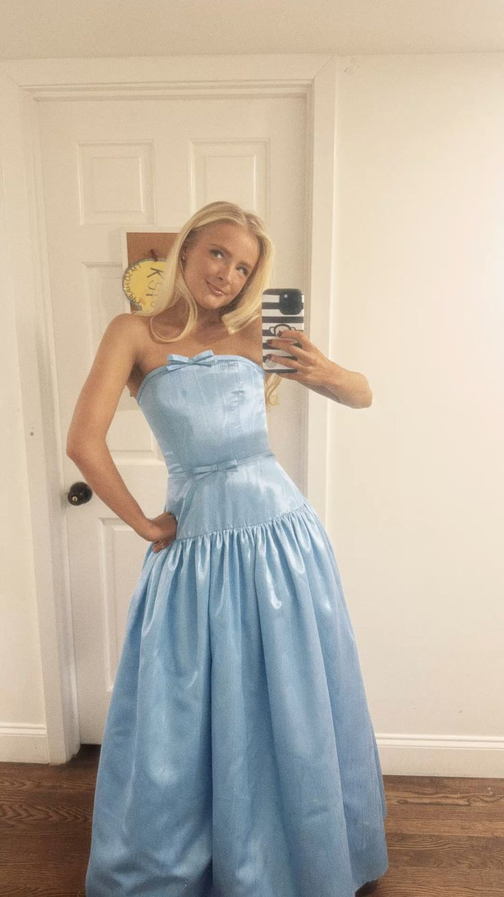Cute Strapless Blue Bow Satin A Line Long Party Dress Prom Gown D5031