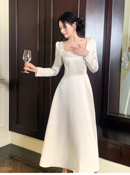 Elegant Square White Satin A Line Long Party Dress Evening Dress D2179