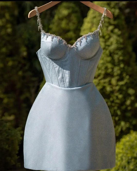 Charming Sweetheart Neck Blue Satin Short Formal Homecoming Dress Cocktail Dress S754