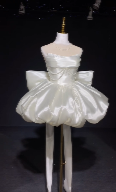 Charming White Strapless Satin Beaded A Line Short Birthday Dress Homecoming Dress With Bow D3146