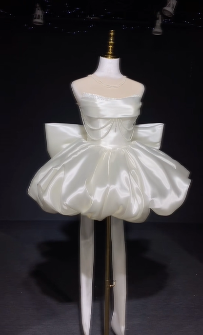 Charming White Strapless Satin Beaded A Line Short Birthday Dress Homecoming Dress With Bow D3146
