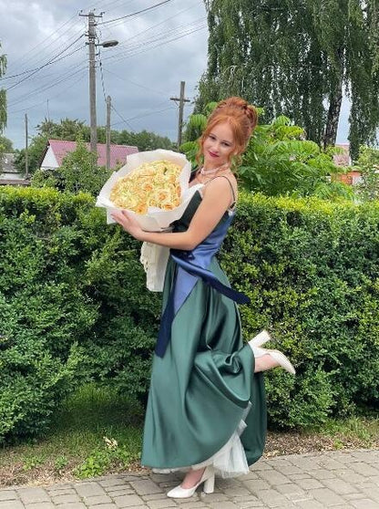 Fashion Spaghetti Straps Satin Tulle Long Wedding Guest Dress,Emerald Green A Line Long Party Dress D4100