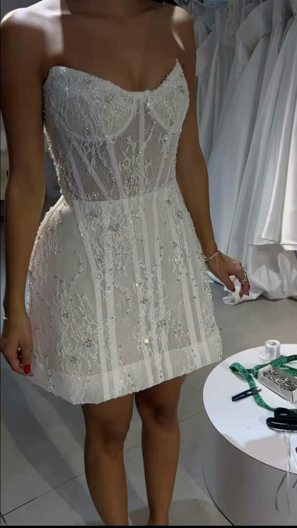 Classy Strapless White Lace Beaded Short Homecoming Dress 20th Birthday Outfits D666