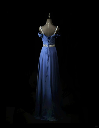 Elegant Off The Shouler Navy Blue Chiffon Beaded A  Line Long Party Dress Evening Dress D2511