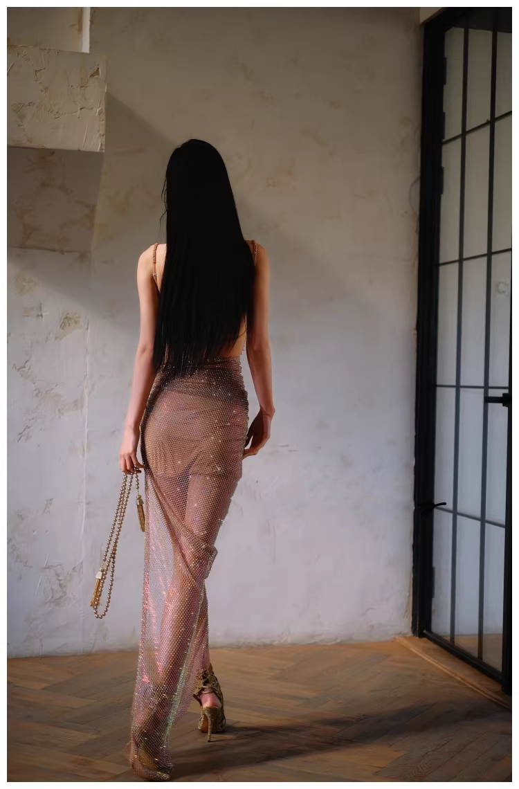 Sexy Spaghetti Straps V Neck Sequin Pleated Slit Long Party Dress Evening Gown D2401