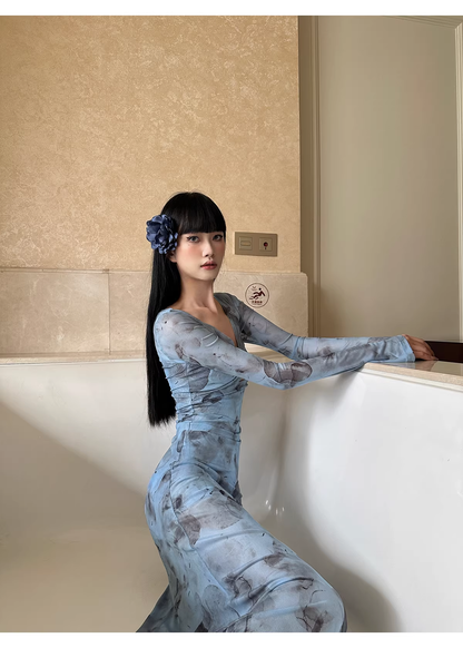 Charming V Neck Blue Lace Sheath Long Evening Dress Formal Wedding Guest Dress D2081