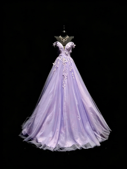 Elegant Off The Shoulder Lilac Tulle Appliques Long Evening Dress Party Gown D4892