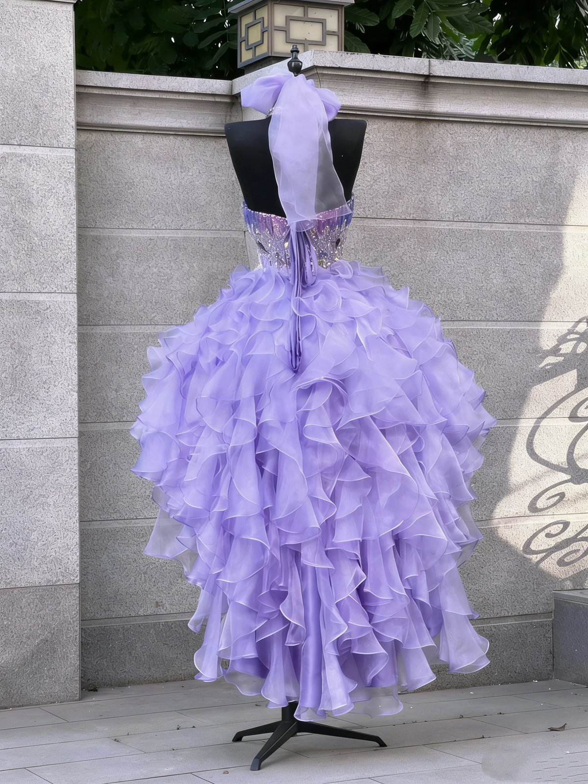 Princess Sweetheart Neck Lilac Sequin Beaded Tulle Ruffle Tiered High Low Long Evening Dress Birthday Party Gown D4881