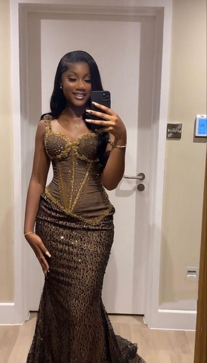 Fashion Brown Satin Sequin Mermaid Long Party Dress Prom Dress D5404