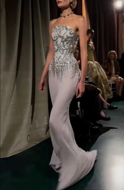 Elegant Strapless Silver Grey Chiffon Beaded Tassel Mermaid Prom Dress Long Evening Dress D5177