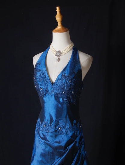 Elegant Blue Halter Embroidered Beaded Satin Pleated Mermaid Party Dress Long Birthday Evening Dress D2270