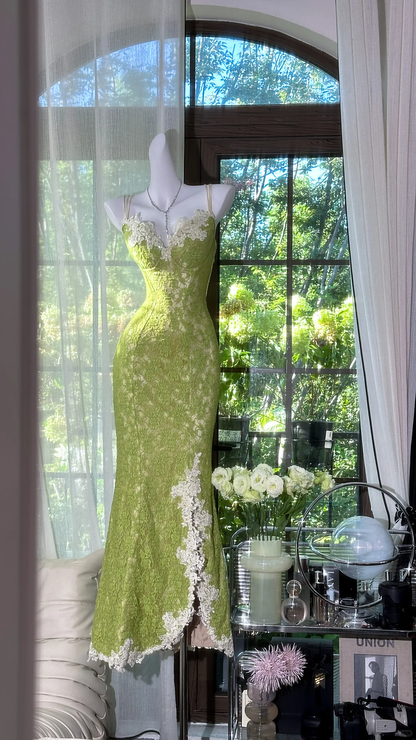Vintage Spaghetti Straps Green Lace Appliques Slit Mermaid Prom Gown Long Party Dress D866