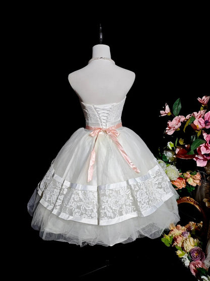 Sweet Strapless Lace Tulle Short Birthday Outfits,White Short 9th Grade Homecoming Dress D3164