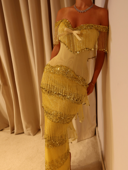 Gorgeous Off The Shoulder Satin Beaded Tassel Long Party Dress Yellow Long Birthday Evening Gowns D5242