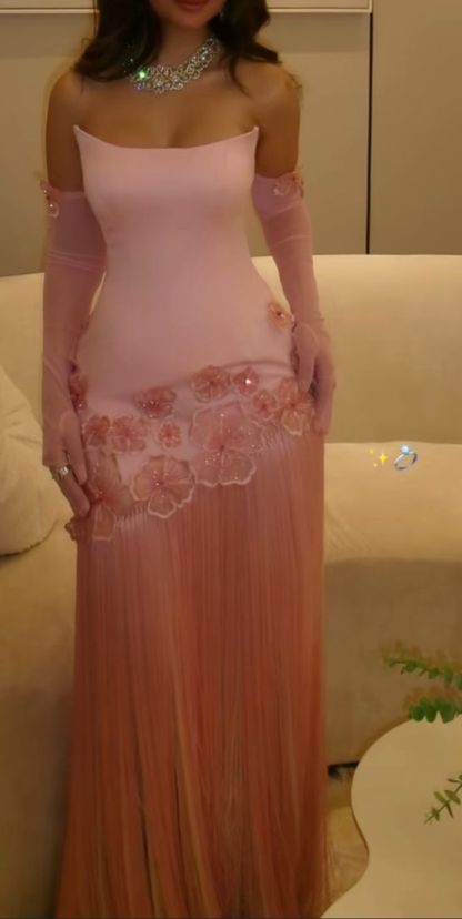 Pretty Pink Strapless Chiffon Appliques Tassel Long Prom Dress Party Dress With Gloves D881