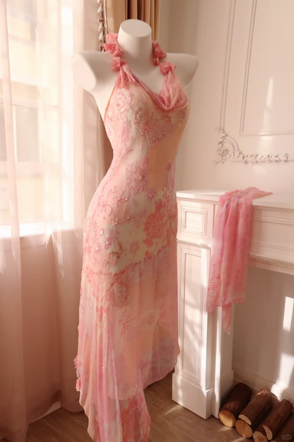 Pretty Halter Chiffon Print Floral Beaded Mermaid Evening Dress,Pink Long Birthday Prom Gown D2885